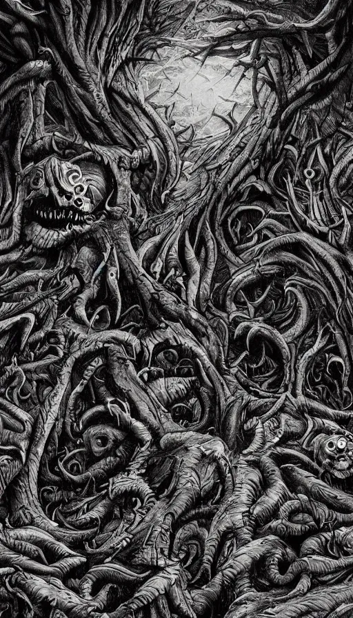 Image similar to a storm vortex made of many demonic eyes and teeth over a forest, by fortiche studio