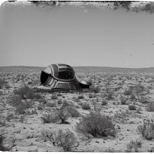 Prompt: tintype, wide view, desert ufo crash site, scientists studying captured alien octopus