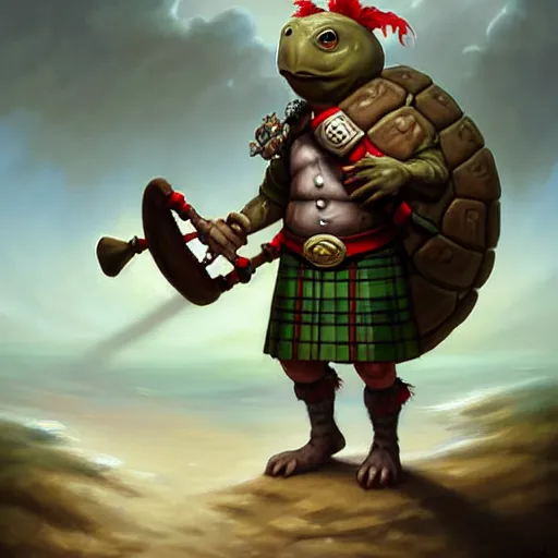 Prompt: an anthropomorphic turtle, wearing a kilt, holding a magic scottish bagpipe, walking up the sandy beach, DnD character art portrait, matte fantasy painting, DeviantArt Artstation, by Jason Felix by Steve Argyle by Tyler Jacobson by Peter Mohrbacher, cinematic lighting