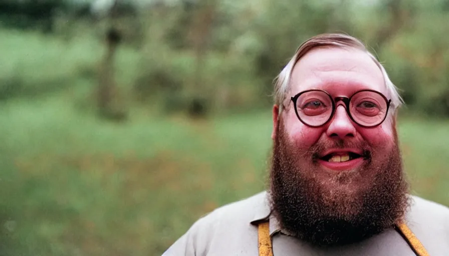 Image similar to far view, extremely fat obese mitch mcconnell with long beard, wearing dirty overalls, dirty greasy face, grin, portrait, close up, kodak gold 2 0 0, 5 0 mm,