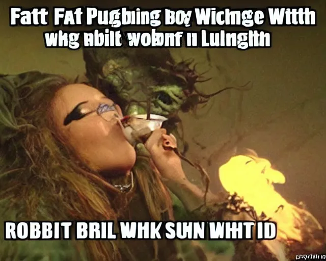 Prompt: fat smelly putrid witch smokin bong. the goblin witch is rotting. the witch burns in sunlight.!dream fat smelly putrid witch smokin bong. the goblin witch is rotting. the witch burns in sunlight.