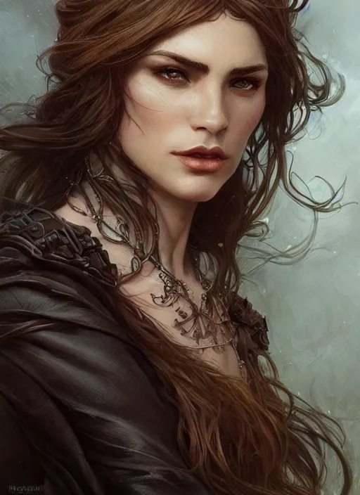 Prompt: portrait of a ruggedly handsome female witch, soft hair, muscular, half body, leather, d & d, fantasy, intricate, elegant, highly detailed, digital painting, artstation, concept art, smooth, sharp focus, illustration, art by artgerm and greg rutkowski and alphonse mucha