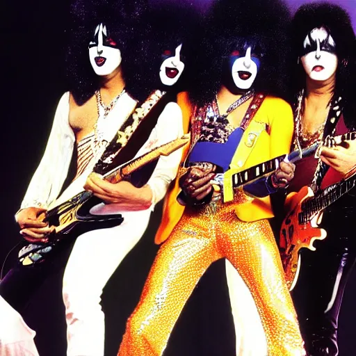 Image similar to jimi hendrix as a member of the band kiss in concert, color photo