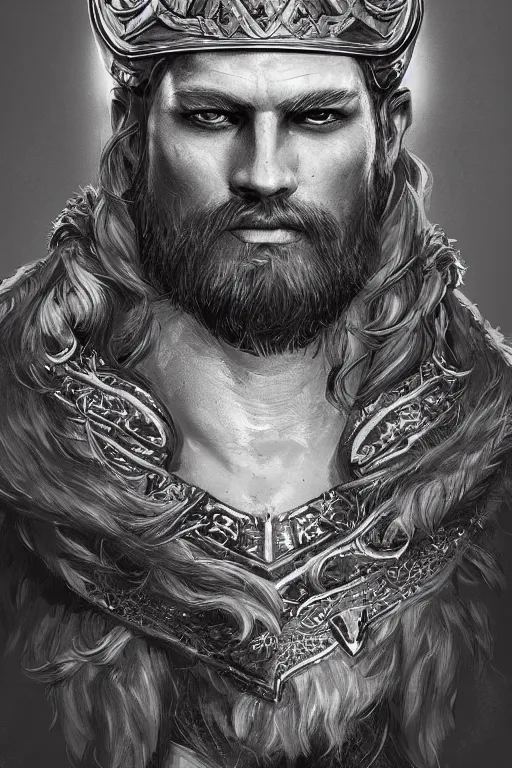 Image similar to half body portrait of a viking king, intricate, highly detailed, digital painting, artstation, concept art, sharp focus, illustration, art by Ross tran