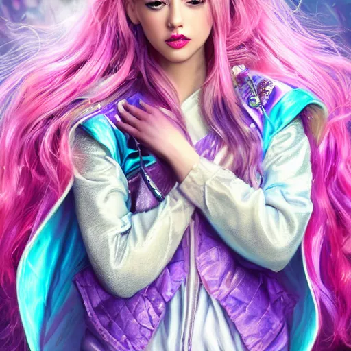 Image similar to A masterpiece portrait of a Incredibly beautiful. princess. Heroin chic beautiful Unicorn Fairy tale girl. The Candy Queen. Purple leather jacket. Candies in her hair. Pink background. medium shot, intricate, elegant, highly detailed. trending on artstation, digital art, by Stanley Artgerm Lau, WLOP, Rossdraws, James Jean, Andrei Riabovitchev, Marc Simonetti, Yoshitaka Amano