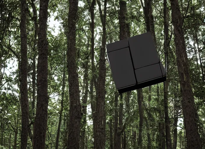 Image similar to black hypercube floating in a forest