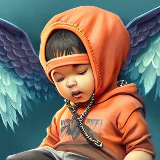 Image similar to baby Angel, baby cherub,wearing angel halo, ski mask, balaclava, face covered, wearing angel halo covered face, orange hoodie, hip hop, multiple golden necklaces, fantasy art apex fortnite Video game icon, 2d game art gta5 cover , official fanart behance hd artstation by Jesper Ejsing, by RHADS, Makoto Shinkai and Lois van baarle, ilya kuvshinov, rossdraws