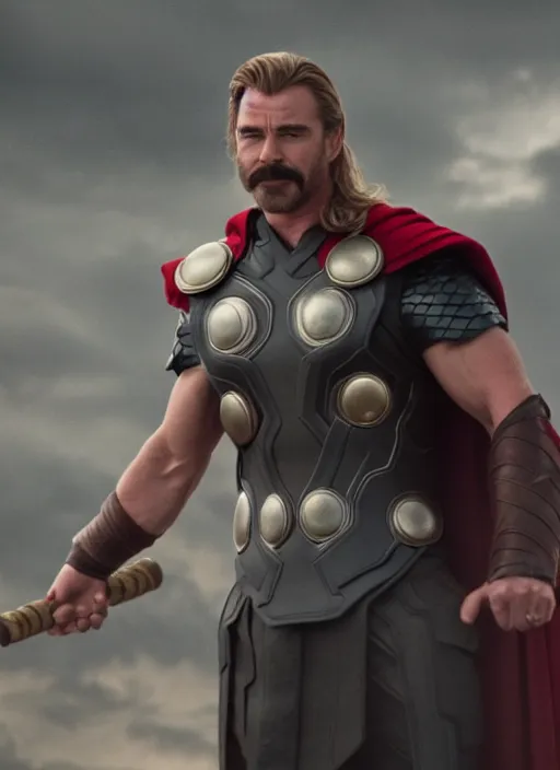 Image similar to film still of tom selleck as thor in thor, 4 k