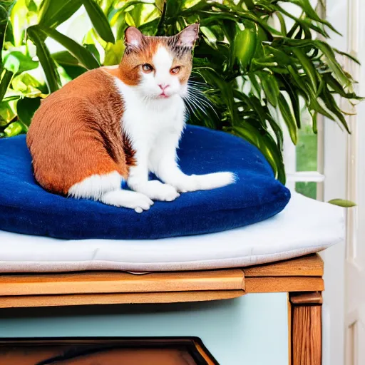 Prompt: old calico cat laying in the sun on thin blue cushion in bay window next to potted plants, professional photography