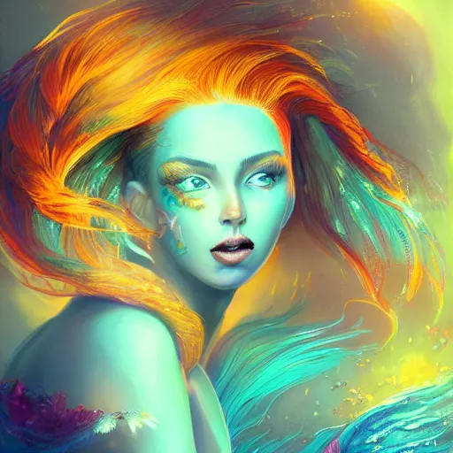 Image similar to a beautiful stunning interesting detailed fantasy whimsical matte digital portrait illustration of a mermaid with turqoise hair, yellow-orange and red-violet sunset, spectacular sunset, a painting by Ross Tran, trending on artstation hq, contest winner