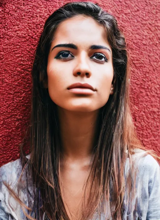 Prompt: color medium shot portrait of beautiful well-groomed Brazilian 26-year-old woman model, candid street portrait in the style of Rosie Matheson award winning, Sony a7R