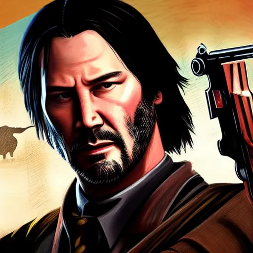 Image similar to Keanu Reeves as a Red Dead Redemption 2 character, dressed as a Western sheriff, game box art