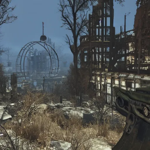 Prompt: The ruins of Big Ben, screenshot from Fallout 4