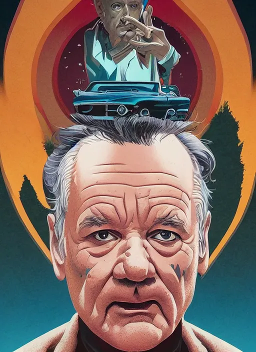 Prompt: poster artwork by Michael Whelan and Tomer Hanuka, Karol Bak Bill Murray the content judge, from scene from Twin Peaks, clean