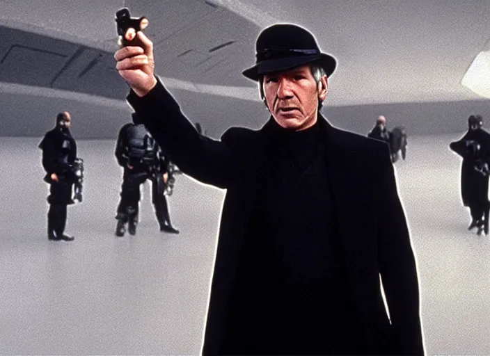Image similar to screenshot of Harrison Ford dressed up as an imperial officer, iconic scene from 1970s spy thriller film directed by Stanley Kubrick, in a sci-fi shipping port, last jedi, 4k HD, cinematic lighting, beautiful portraits of Han, moody, stunning cinematography, anamorphic lenses, kodak color film stock