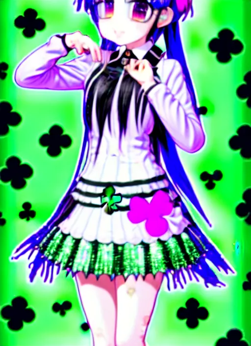 Image similar to a hologram of moe styled green haired yotsuba koiwai crossed fingers, wearing a gothic lolita decora spiked jacket, background full of lucky clovers and shinning stars, holography, irridescent