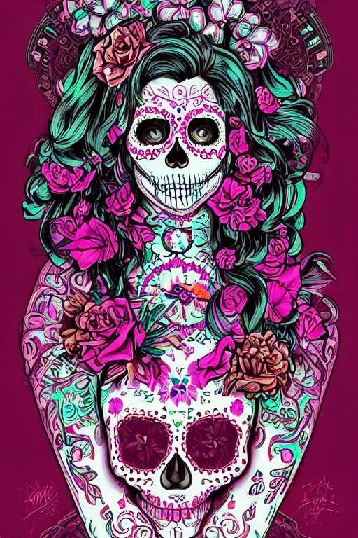 Image similar to Illustration of a sugar skull day of the dead girl, art by liam wong
