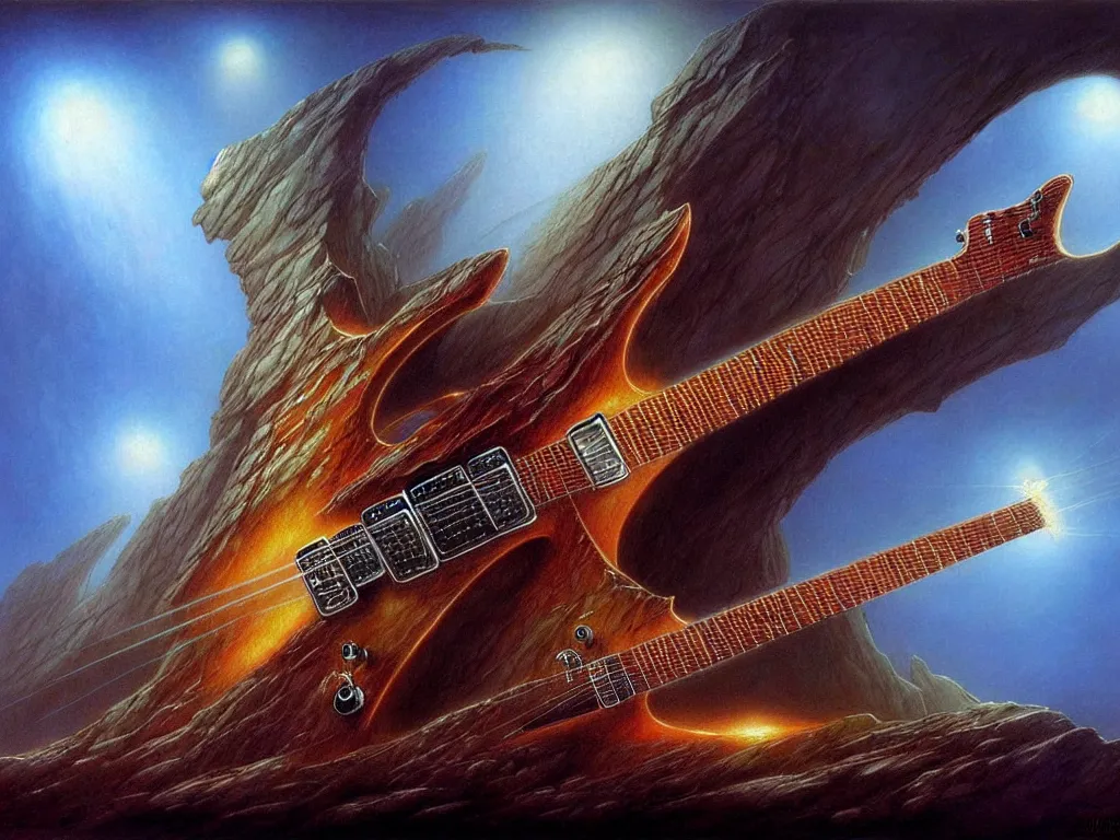 Prompt: the most amazing electric guitar, fantasy concept art, john howe