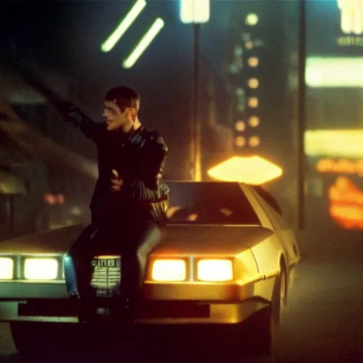 Image similar to cinematic still, blade runner, roger rabbit in a flying delorean, high quality, futuristic