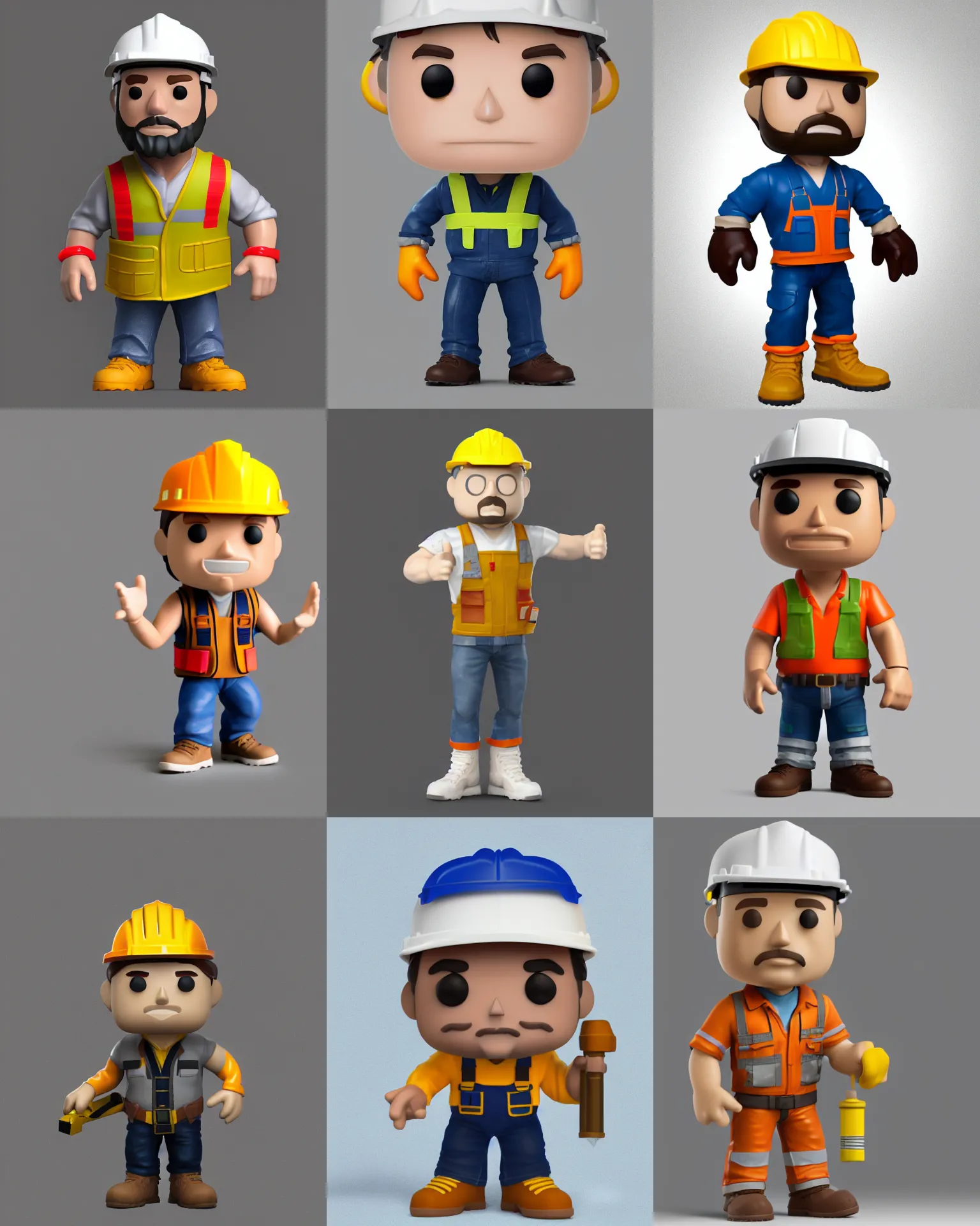 Prompt: full body 3 d render of construction worker as a funko pop!, studio lighting, white background, single body, no shadow, blender, trending on artstation, 8 k, highly detailed