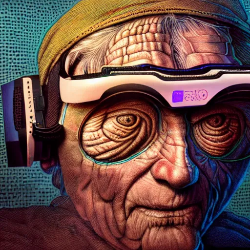 Prompt: Colour Photography of 1000 years old man with highly detailed 1000 years old face wearing higly detailed cyberpunk VR Headset designed by Josan Gonzalez Many details. . In style of Josan Gonzalez and Mike Winkelmann andgreg rutkowski and alphonse muchaand Caspar David Friedrich and Stephen Hickman and James Gurney and Hiromasa Ogura and Minecraft. Rendered in Blender