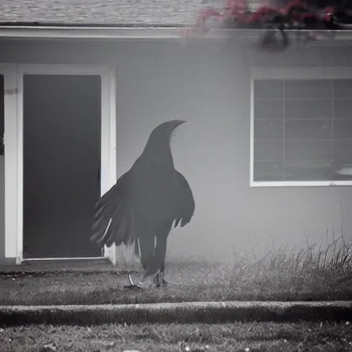 Image similar to 'it just keepings going on and keeps fading away, my thoughts turn into smoke in the air.', an image of a crow walking home from school through the backyards of neighbors.