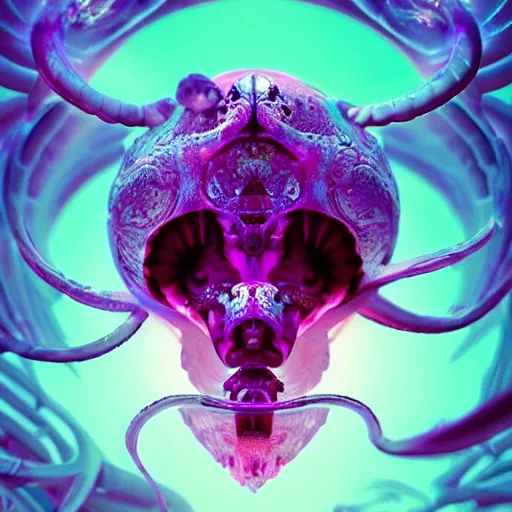 Image similar to goddess princess face close-up portrait ram skull abstract 3d composition. jellyfish phoenix head, nautilus, orchid, skull, betta fish, bioluminiscent creatures, intricate artwork by Tooth Wu and wlop and beeple. octane render, trending on artstation, greg rutkowski very coherent symmetrical artwork. cinematic, hyper realism, high detail, octane render,