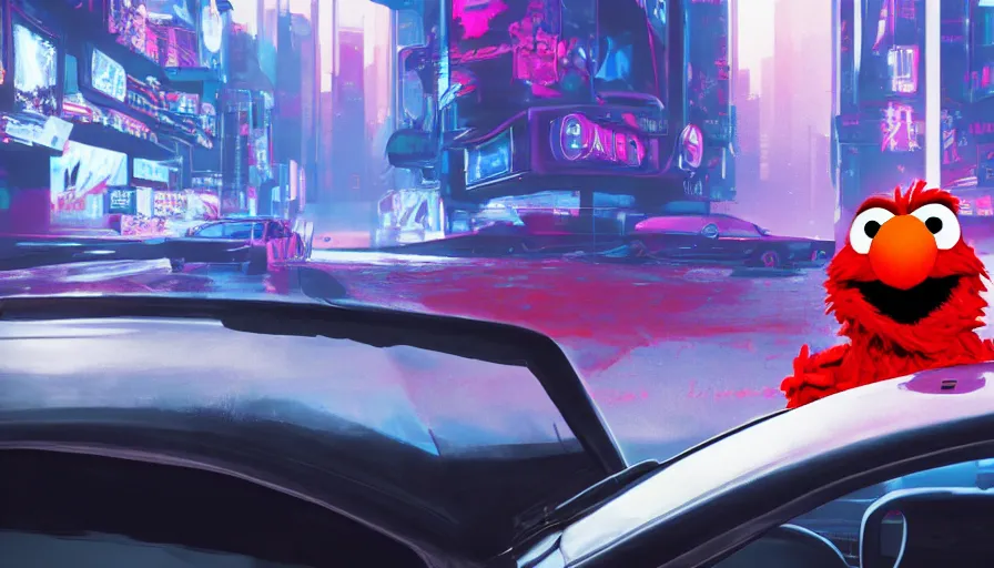 Image similar to elmo!! holding a pistol leans out of the window of a driving car in cyberpunk, digital art, rendering, hyperrealistic, photorealism