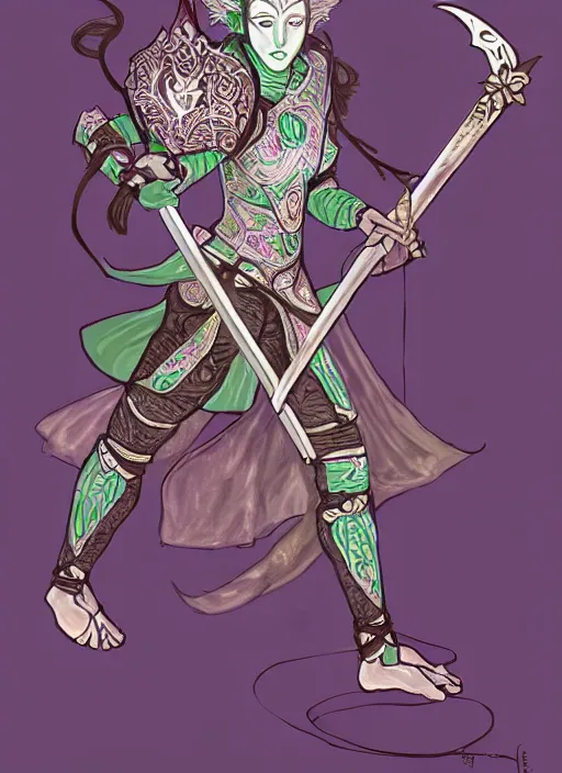 Prompt: full body portrait, female changeling spearman in floral - patterned light armor, wielding a long halberd, wearing a noh theatre mask, barefoot, dancer, capricious, energetic, provocative, realistic proportions, reasonable fantasy, in the style of dnd illustrations, tabletop rpg.