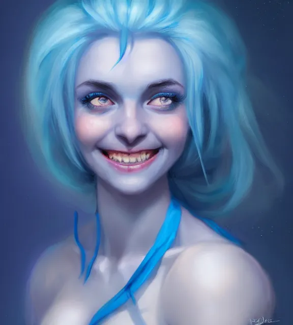 Image similar to cute female tiefling smiling wearing pale blue halter top, perfect face, blue hair, abs, blue skin, cinematic, blush, stunning, elegant, highly detailed, psychedelic, digital painting, artstation, smooth, hard focus, illustration, art by jessica rossier and and brian froud