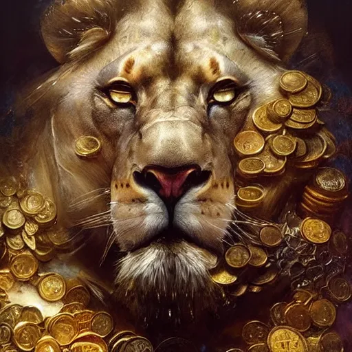 Image similar to a beautiful detailed 3 d matte portrait of a alchemist lion, by ellen jewett, by tomasz alen kopera, by justin gerard, ominous, magical realism, texture, intricate, skull, skeleton, gold coins, money, whirling smoke, alchemist bottles, radiant colors, fantasy, volumetric lighting, high details