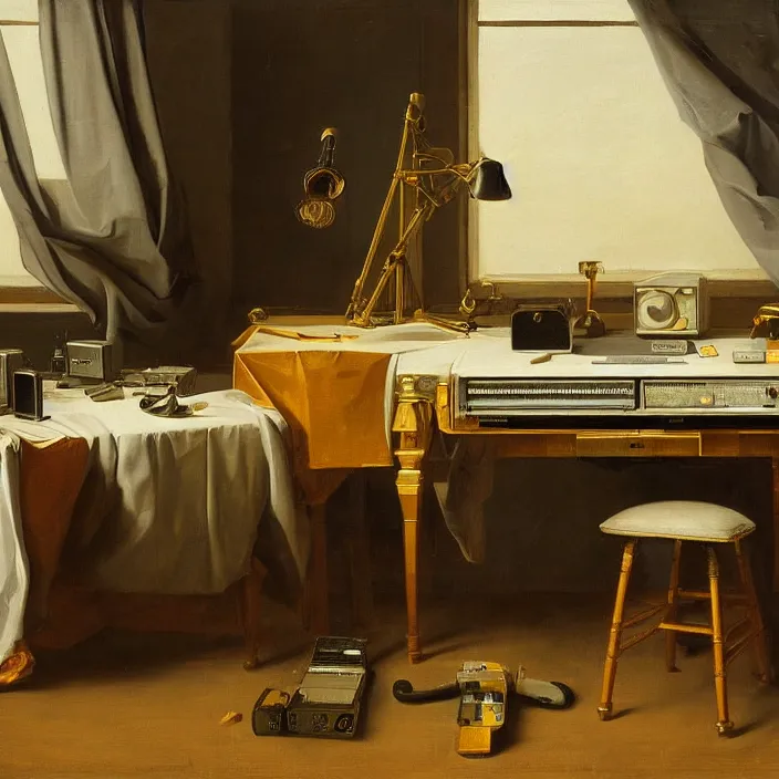 Image similar to still life painting of a retro electronics supercomputer desk workstation by pieter claesz, oil on canvas, strong lighting, highly detailed, hyper realism, golden hour, god rays, hd, 4 k