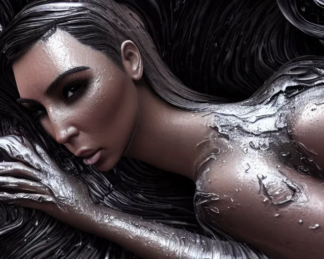 Prompt: epic full shot still of kim kardashian unconscious wearing a black lace dress in a transparent alien liquid, wet flowing hair, gooey skin, illustration, unreal engine 5, 8 k, made by h. r. giger.