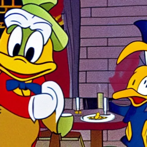 Image similar to Donald Duck invites Scrooge McDuck to dine in a very fancy restaurant