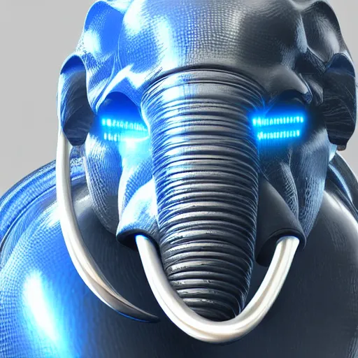 Image similar to hyper realistic cybertronic elephant. high details of body and face. complex realistic mechanical body. blue led. cyberpunk style, intricate, trending on art station, 8 k render.