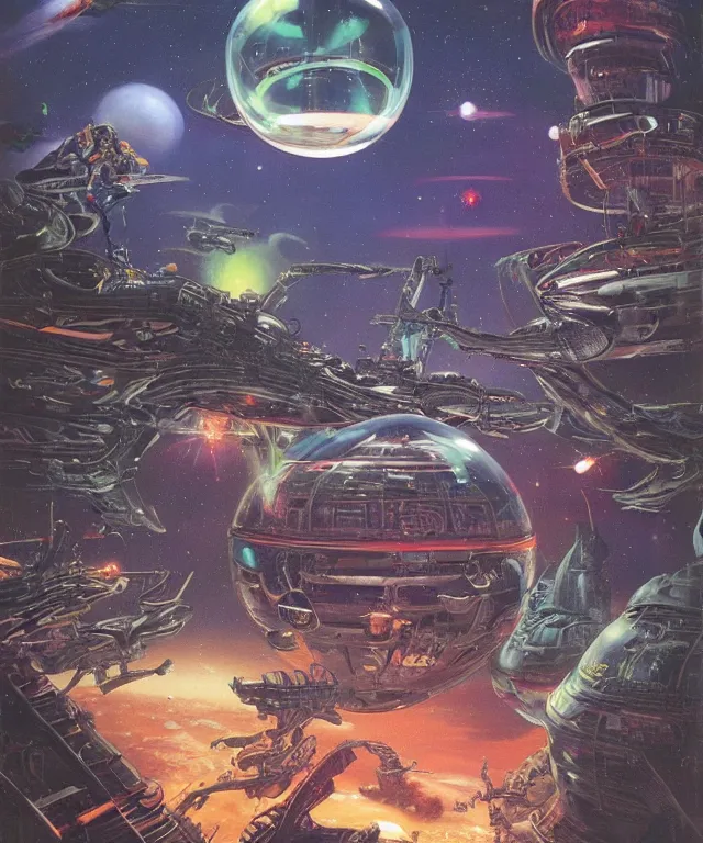 Image similar to a futuristic space colony, large bubble archaeologies, highly detailed, sci-fi, high-tech, neon lights, alien technology, vincent di fate, chris moore, chris foss