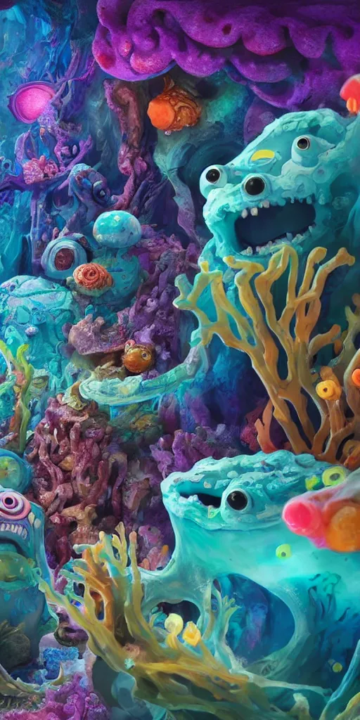 Image similar to of a colorful deep sea cave with strange cute friendly happy creatures with huge eyes, mouth, long tongue and round teeth appearing from sandy coral, in the style of gehry and gaudi, macro lens, shallow depth of field, ultra detailed, digital painting, trending artstation, concept art, illustration, cinematic lighting, photorealism, epic, octane render