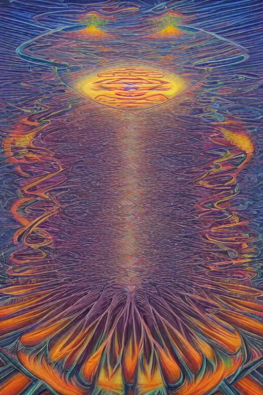 Image similar to beautiful matte solarpunk lake and vision by alex grey