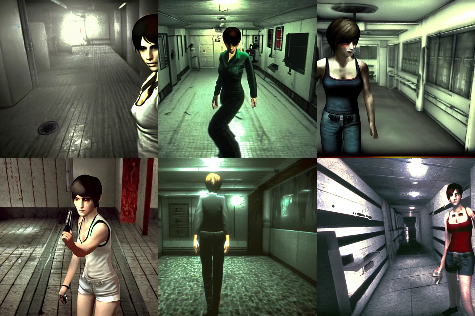 Prompt: Rebecca Chambers from Resident Evil is walking on a cruising ship. dreamcast game Screenshot. dark and scary atmosphere. third person game.