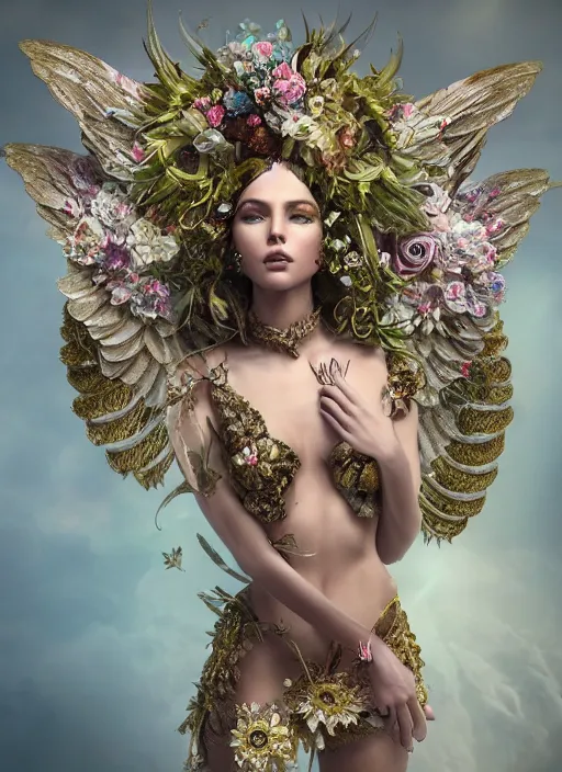 Prompt: expressive full body photo of a female model as beautiful angel, ornate headpiece made from flowers, ornaments, glamour shot, by karol bak, by stefan gesell, octane render, unreal engine, photorealistic, canon r 3, fashion photography, studio shot, realistic skin tone