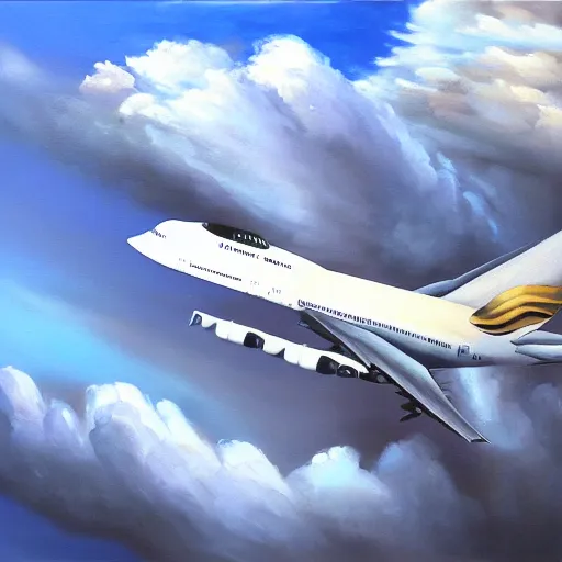 Image similar to boeing 7 4 7 in the clouds, oil painting, realistic, very detailed, 4 k