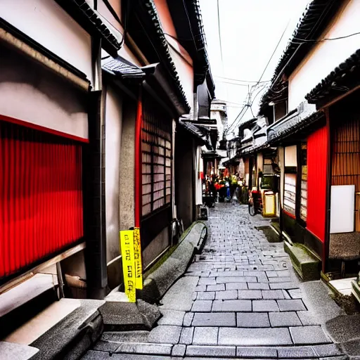 Prompt: view into a japanese narrow street from an 1 km away, extreme perspective, forshortening, special effects zoom, Sake, electronics, banana, autumn, sushi