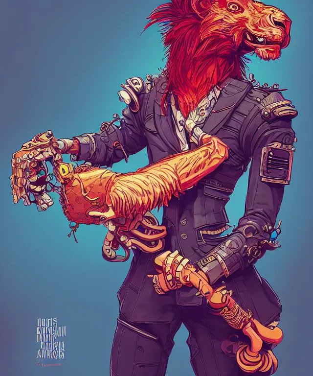 Image similar to a portrait of an anthropomorphic cyberpunk lion holding a turkey leg, fantasy, elegant, digital painting, artstation, concept art, matte, sharp focus, illustration, art by josan gonzalez