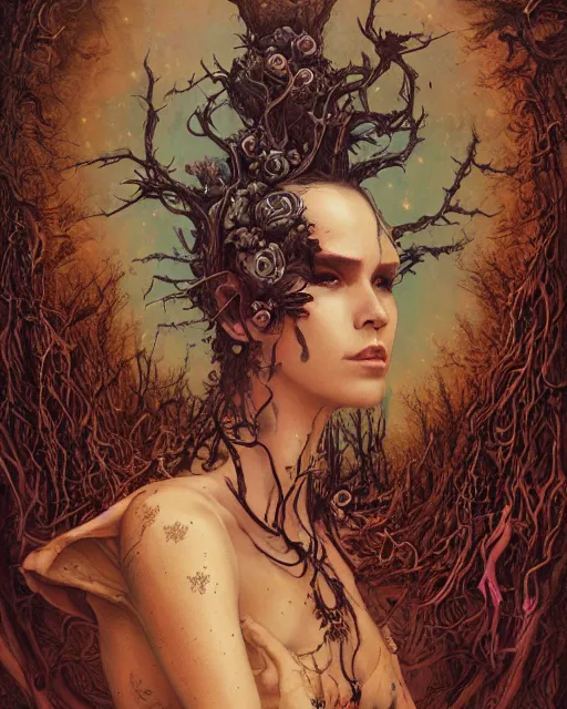 Image similar to a beautiful detailed front view portrait of a dead rotten princess with ornate growing around, ornamentation, elegant, beautifully soft lit, by wayne barlowe, peter mohrbacher, kelly mckernan