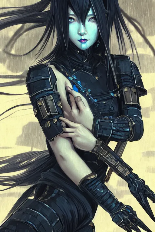 Image similar to portrait Ninja gaiden girl, armored black and blue ninja wardrobe, in ruin japanese rainny temple night, ssci-fi and fantasy, intricate and very very beautiful and elegant, highly detailed, digital painting, artstation, concept art, smooth and sharp focus, illustration, art by tian zi and WLOP and alphonse mucha