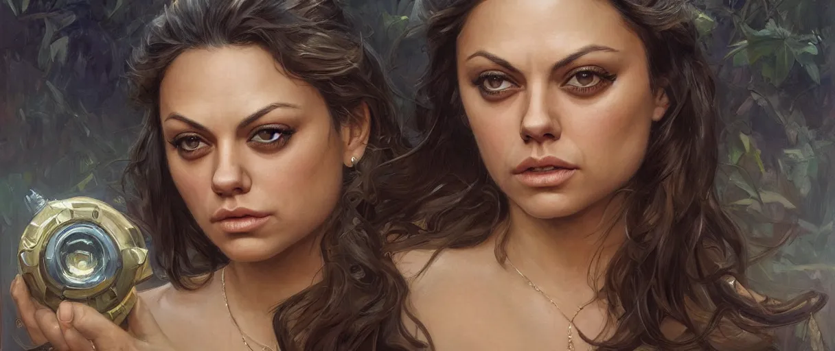 Image similar to portrait of Mila Kunis as a heroine staring into the camera, artstation, intricate, elegant, highly detailed, art by Donato Giancola, Joseph Christian Leyendecker, WLOP, Boris Vallejo, Artgerm