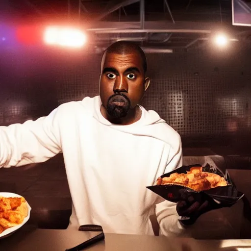 Image similar to blurry, gopro footage of kanye west eating at taco bell, cinematic, volumetric lighting, night, rain