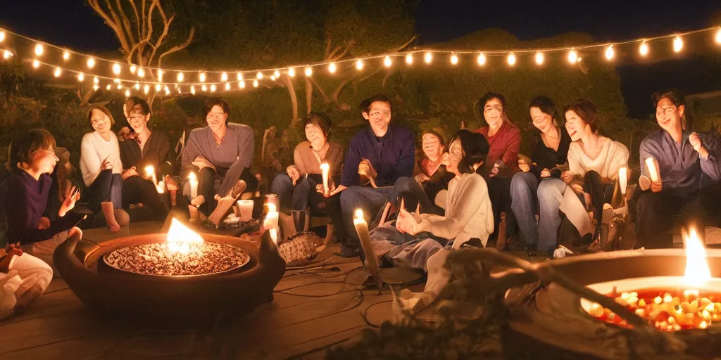 Image similar to people at a cozy party at midnight, bay area, candles, fire pit, hot tub, by studio ghibli