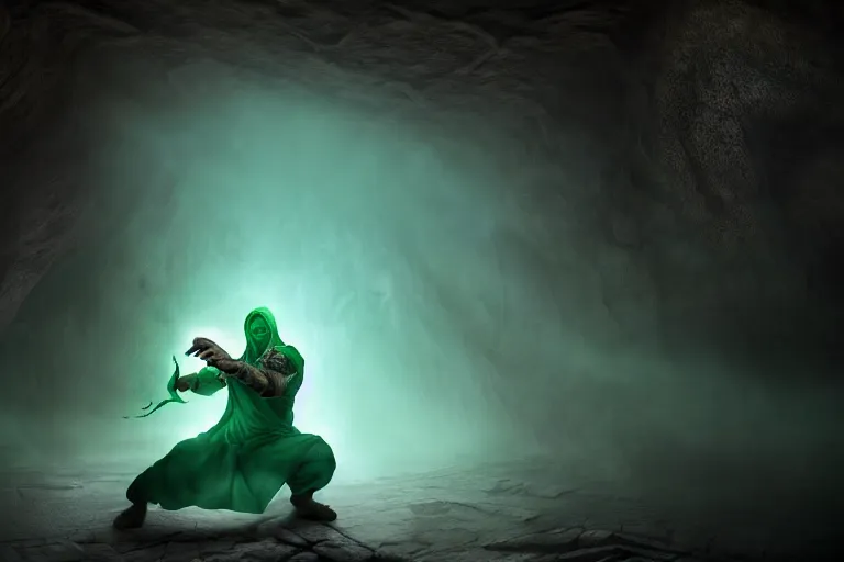 Image similar to vfx film, soul reaver, raziel irl, price of persia movie, missing jaw, hero pose, devouring magic souls, scarf, hood, glowing green soul blade, in epic ancient sacred huge cave temple, flat color profile low - key lighting award winning photography arri alexa cinematography, hyper real photorealistic cinematic beautiful, atmospheric cool colorgrade