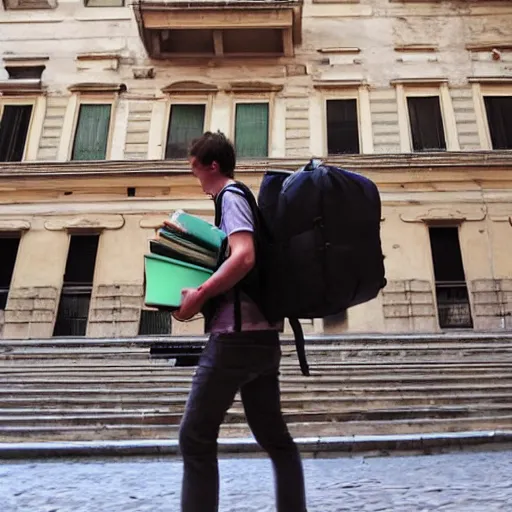 Image similar to backpack full of books gigant in the city of genoa. enormous backpack. cinematic. realistic.